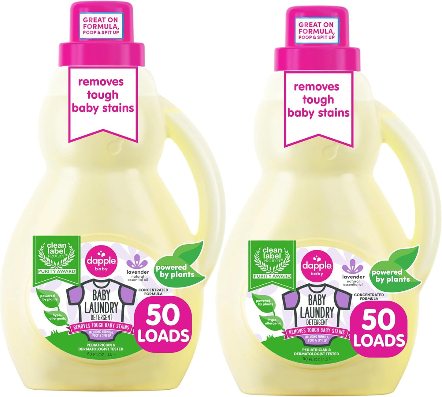 Dapple Baby Laundry Detergent, Powered by Plants, Concentrated, Hypoallergenic, Lavender, Stain Remover, 50 Fl Oz (2 Pack)