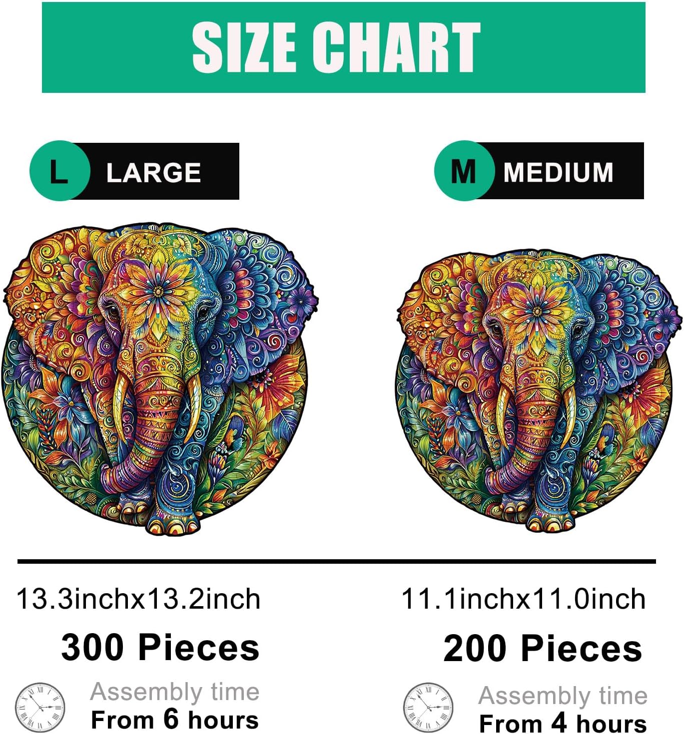 Wooden Jigsaw Puzzle for Adults - Mandala Elephant Unique Animal Shaped, 11.1x11in, 200 Pieces, Zen Art, Challenging and Fun Gift