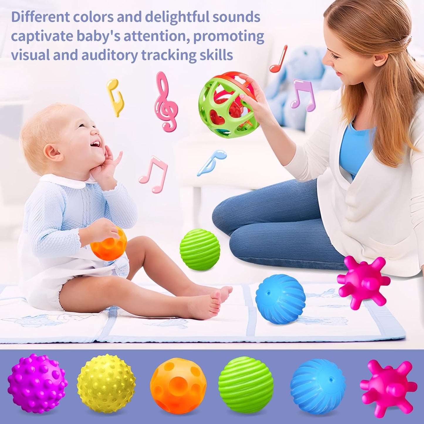 Montessori Toys - Sensory Balls for Toddlers, Multiple Textures Colorful Sensory Toys for Babies 1-3, Hand Catching Baby Balls, Baby Rattle 3-6 Months