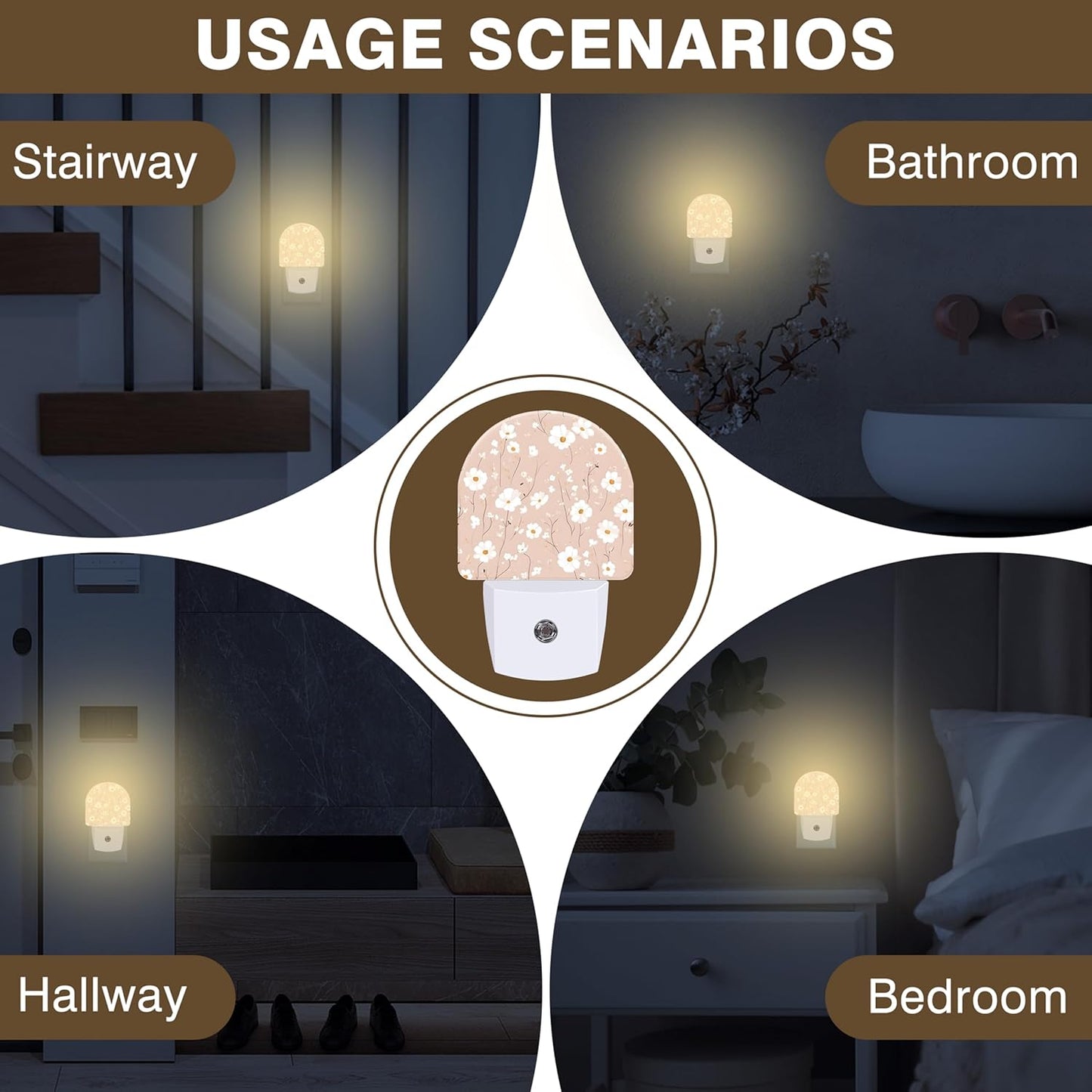 Night Light, Pink and White Flowers Night Lights Plug into Wall Dusk to Dawn Sensor Round Nightlight for Women Men Energy Efficient Led Lamp 0.5W for Stairway Hallway Bedroom