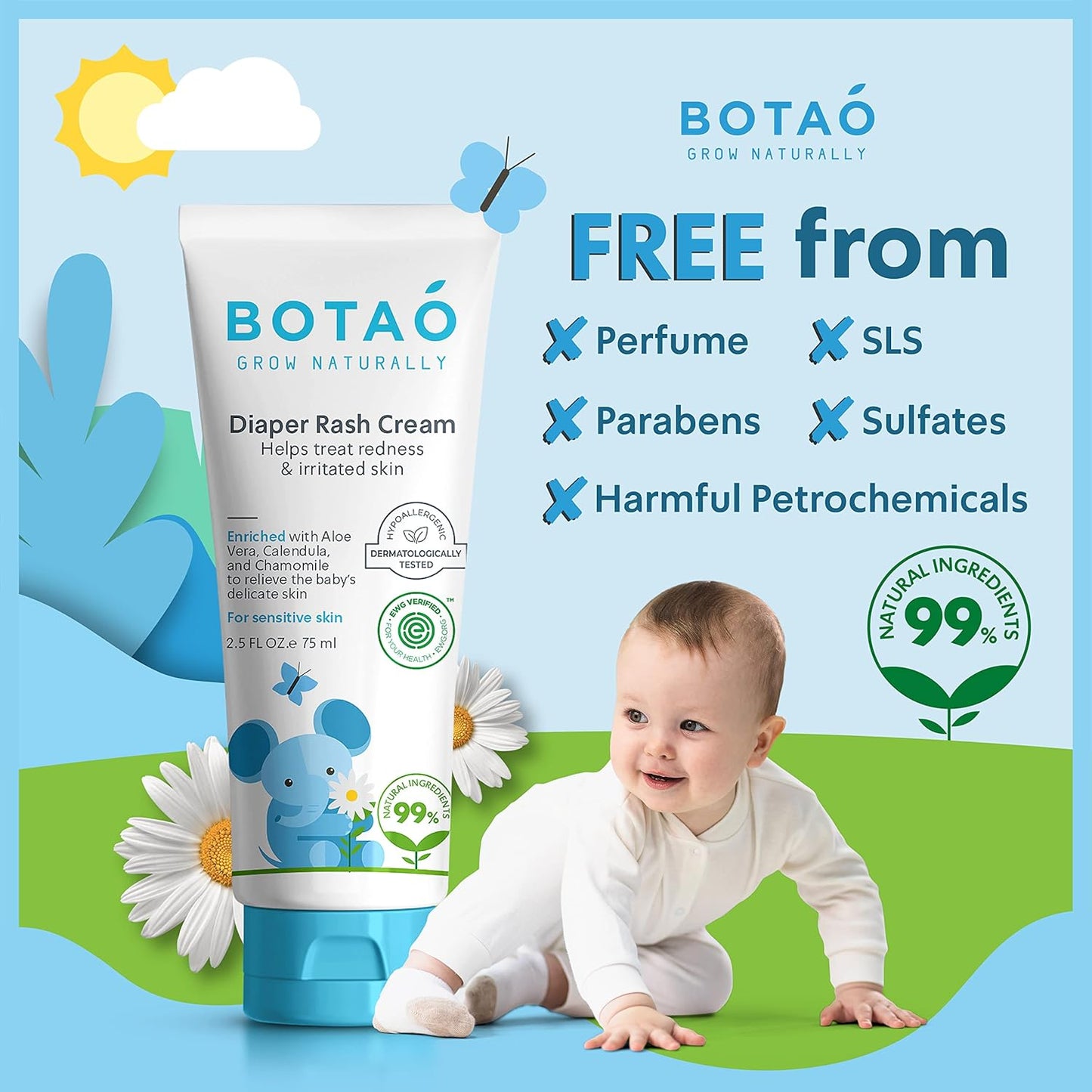 Baby's Natural Diaper Cream | Organic Diaper Cream EWG Verified | Naturally Soothes Baby Rashes | Baby zinc Ointment Natural | For Sensitive Skin with Aloe Vera & Calendula, 2.5Oz (3 Pack)