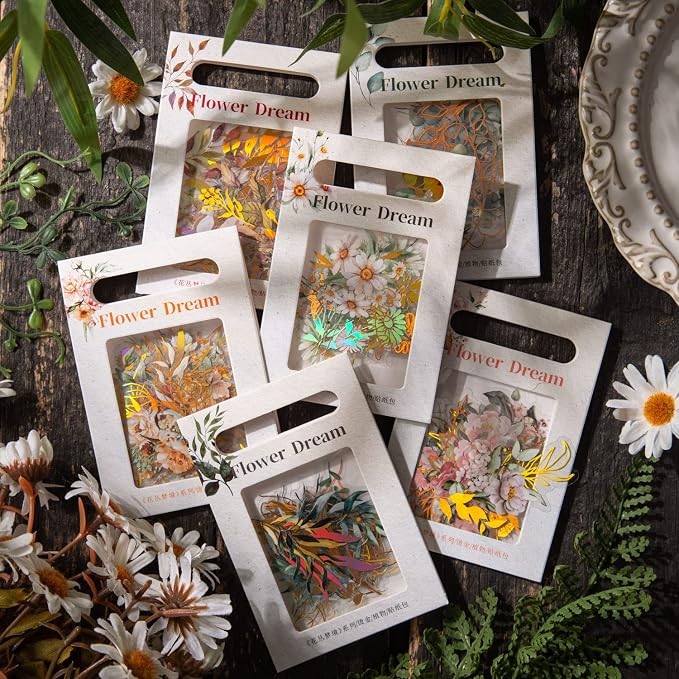 Yoksas 240Pcs Holographic Golden Foil Nature Flowers Plants Stickers