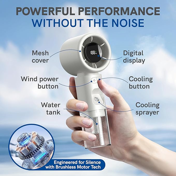 Valo Portable Rechargeable Fan - Mini Cooling Fan for Travel, USB Desk Personal Fan with 4 Speeds, 50ml Tank for Water Cooling Technology, Quiet Operation, 2,000 mAh Battery - Titanium Gray