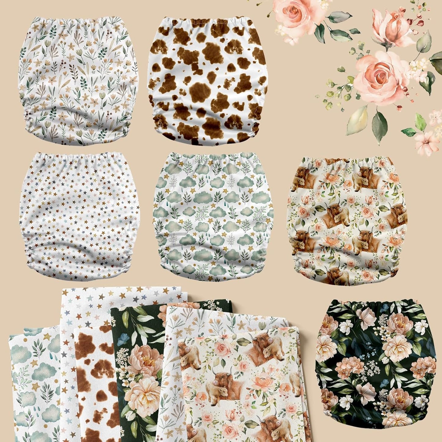 Mama Koala 3.0 Pocket Cloth Diapers for Babies with AWJ Lining, 6 Pack with 6 5-Layer Natural Cloth Diaper Inserts - Reusable and Washable Pocket Diapers(A-A Special Set)