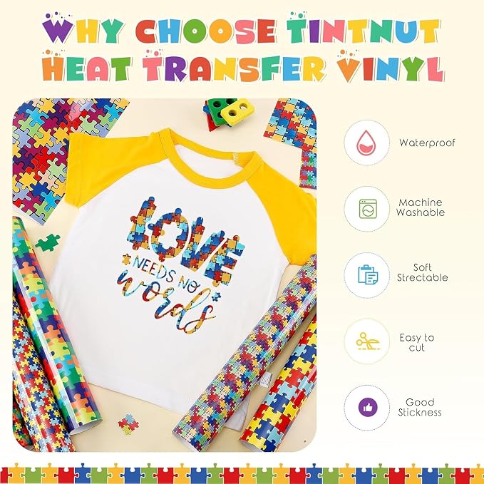 Tintnut Puzzle Heat Transfer Vinyl, 10 Sheets 10"x12" Iron on Vinyl | Rainbow