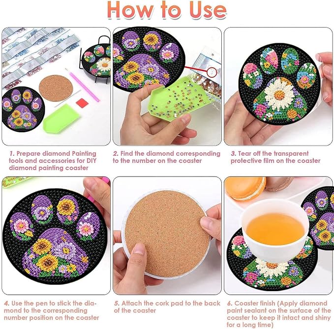 ijbnhd 8 Pack Diamond Art Coasters Kits Dog Paw | Diamond Painting Coasters Kit