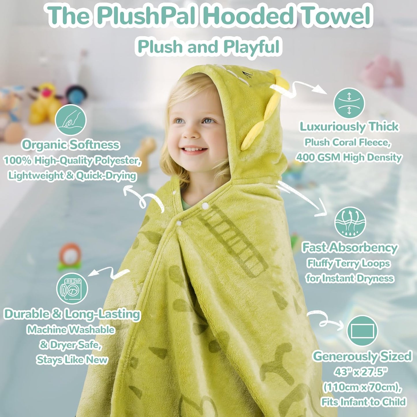 HECCEI HoodieHug Baby Towels, Premium Coral Fleece Bath Towel with Large Size-Ultra Absorbent for Baby Comfort- Great Gift for Newborn, Toddler and Kid (Dinosaur + Elephant)