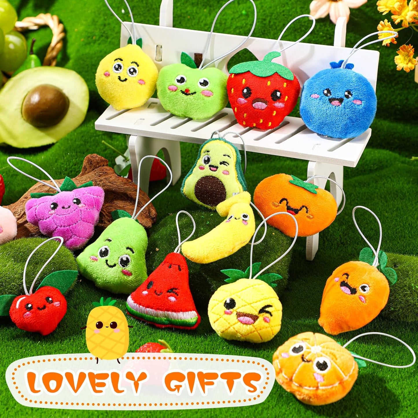 Libima 150 Pcs Mini Stuffed Animals Sea Animal Fruit Plush Keychain Set for Carnival Birthday Classroom Prizes Decoration for Clothes (Fruit)