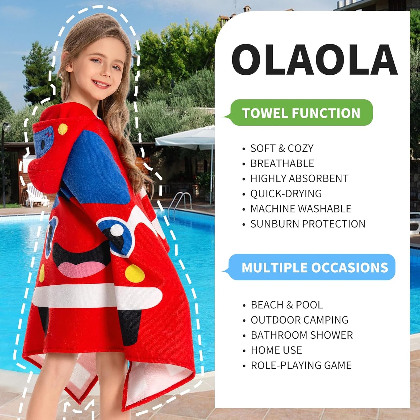 OLAOLA Car Hooded Towel for Kids 3-12 Years, 28" x 53" Soft Thick Absorbent Beach Towels, Toddler Bath Towel Wrap Swim Pool Towels Poncho for Boys Girls