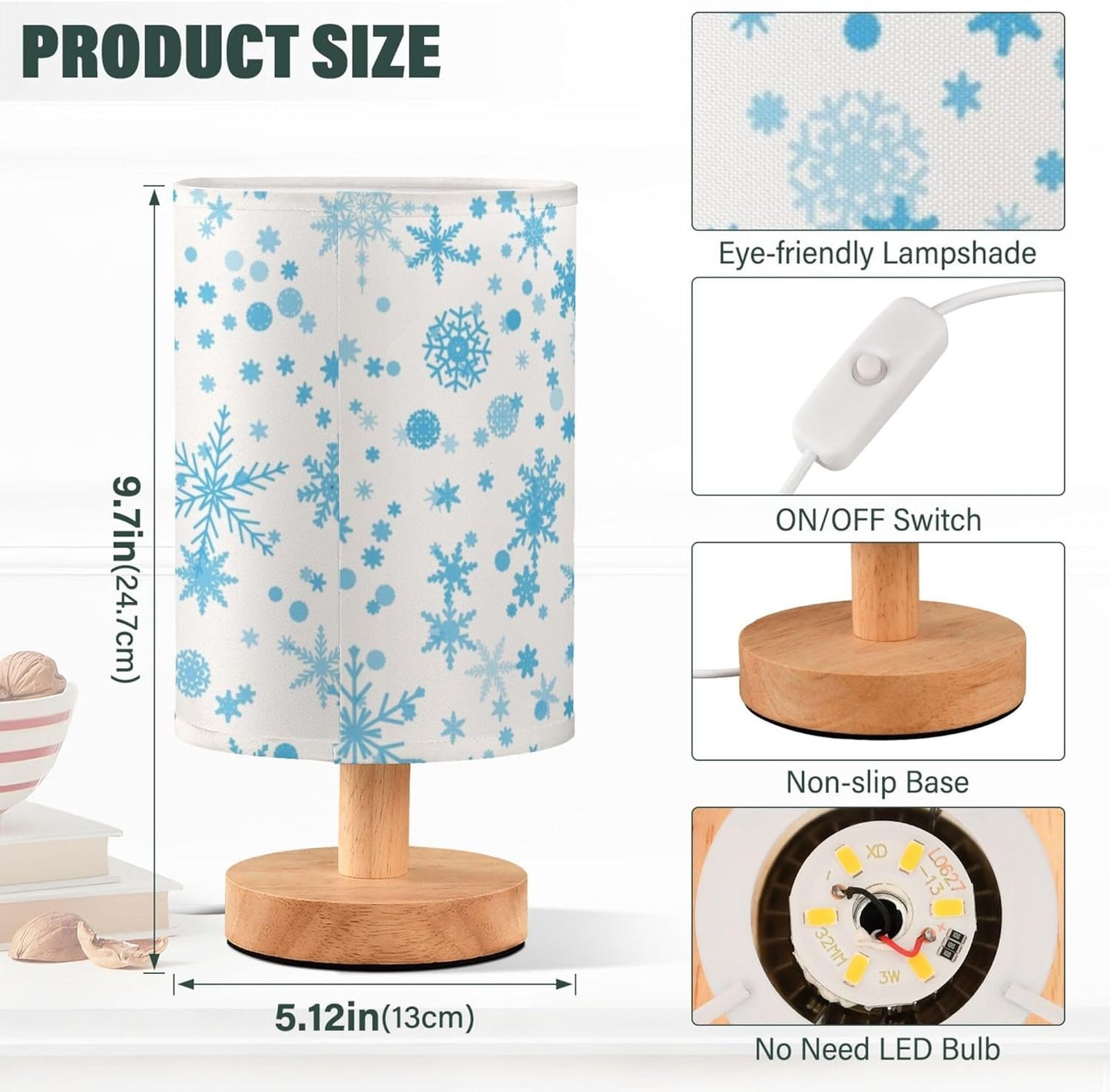 Table Lamp Blue Snowflake Pattern Snowy Christmas Frozen Xmas Holiday Decor Nightstand Lamp with Wood Base Fabric Lamp Shade Bedside Desk Lamp for Living Room Bedroom Kids Room Office