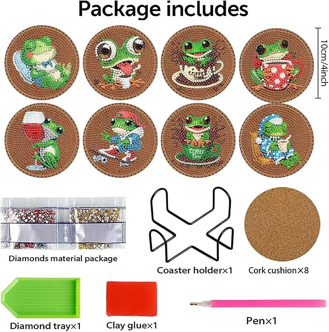 Clendo 8 PCS Coffee Frog Diamond Art Coaster Kits