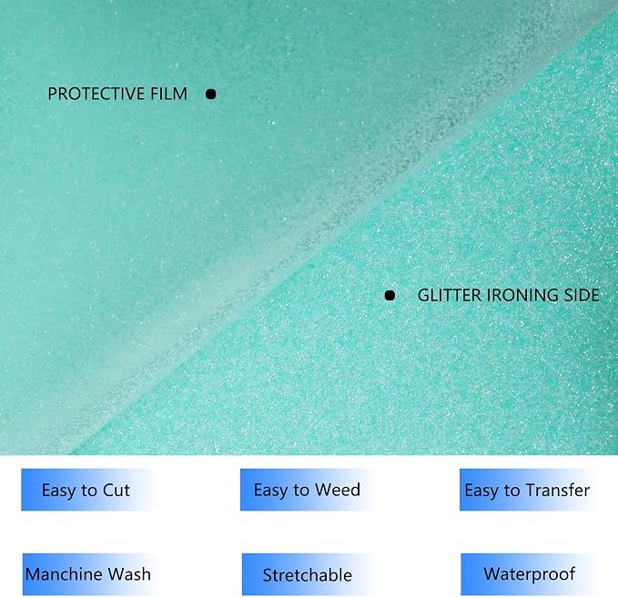 HTVVETUR Glitter Cyan Heat Transfer Vinyl, Glow in The Dark HTV Vinyl Roll 12"
