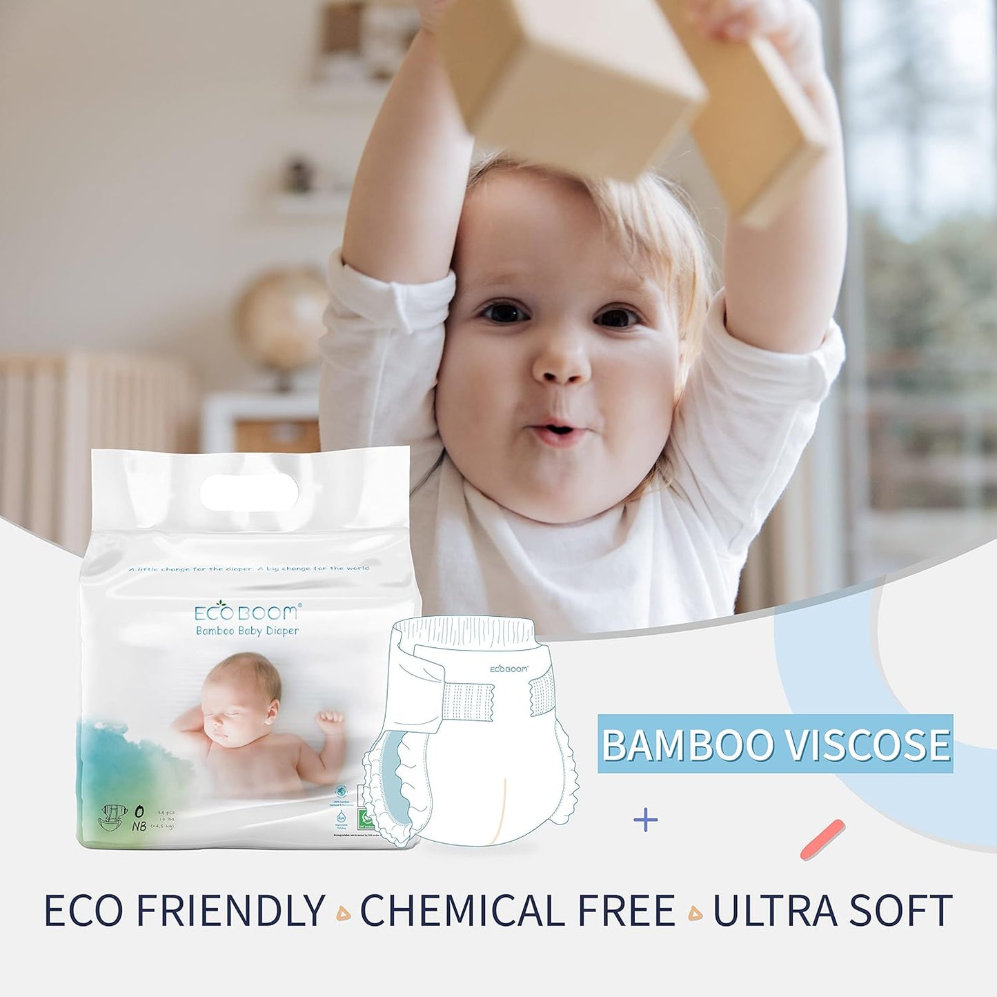 ECO BOOM Preemie Diapers, Viscose from Bamboo Diapers, Natural Soft Disposable Nappies for Infant, Size 0 Suitable for up to 7 lbs (Newborn - 34 Count)