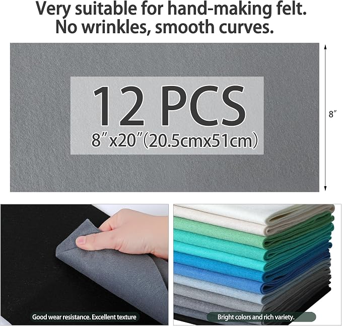 HaoFeiJH 12 Rolls 8"x20" 1.6mm Thick Soft Felt Fabric Sheets – 12 Assorted