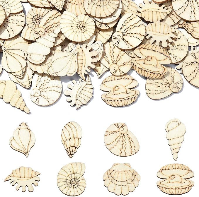 200 Pcs Unfinished Wooden Shell Shapes Blank Wood Slices Seashell Wooden Craft