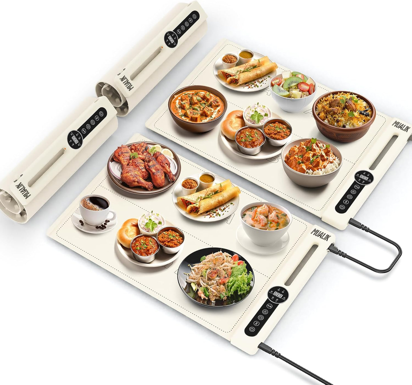 Warming Mats for Food Countertop, Roll-UP 2 Pack Fast Heating Tray Silicone with 7 Level Temperature, 2 Zone and 3 Pad Parallel Expandable, Automatic On-Off Timer Setting (beige-2 pcs, wcb2)