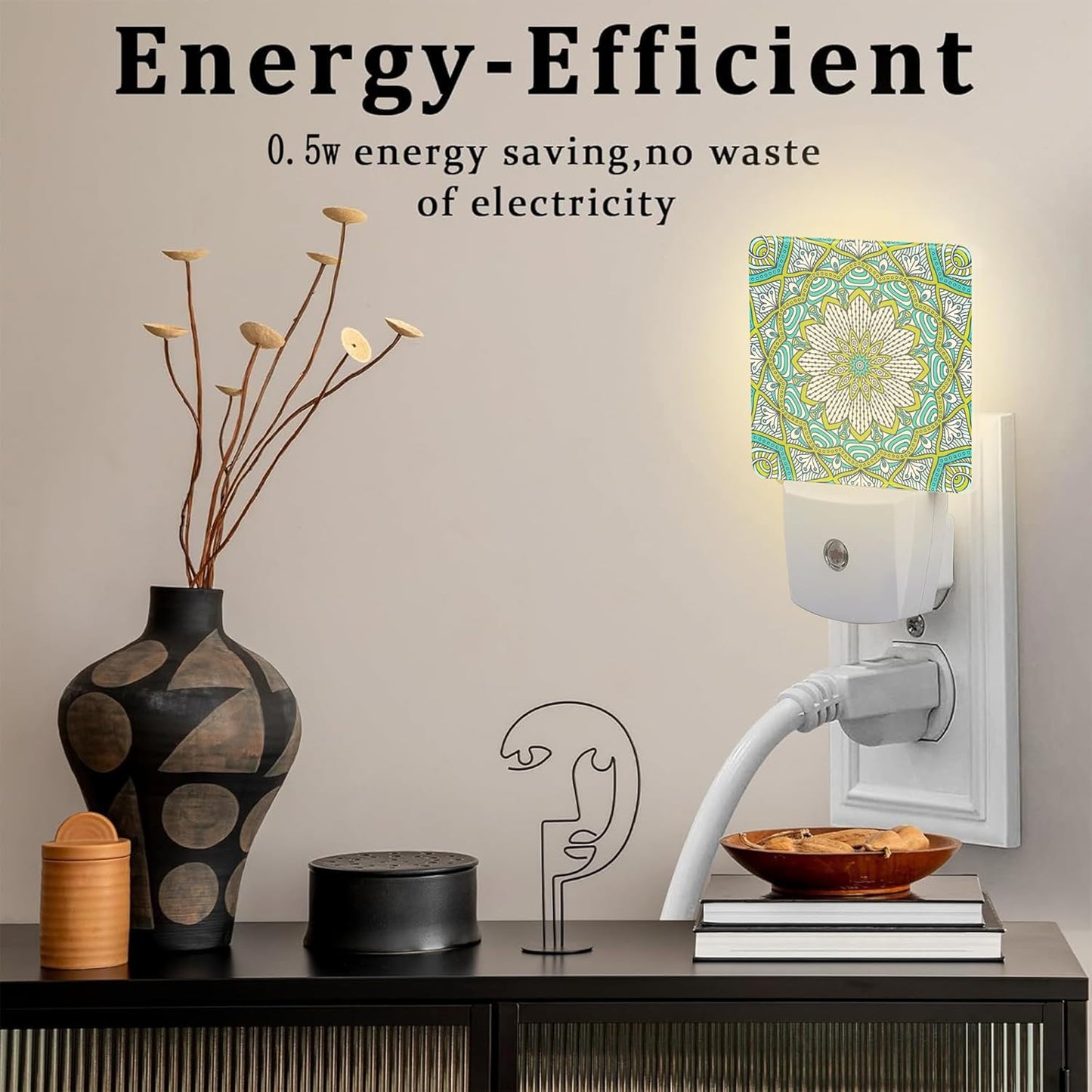 Vintage Mandala Flower Night Light Plug into Wall, Green Mandala Floral Dusk to Dawn Night Light,0.5w Energy Saving Sleep Friendly Nightlights for Kids Boys Girls Home Decor