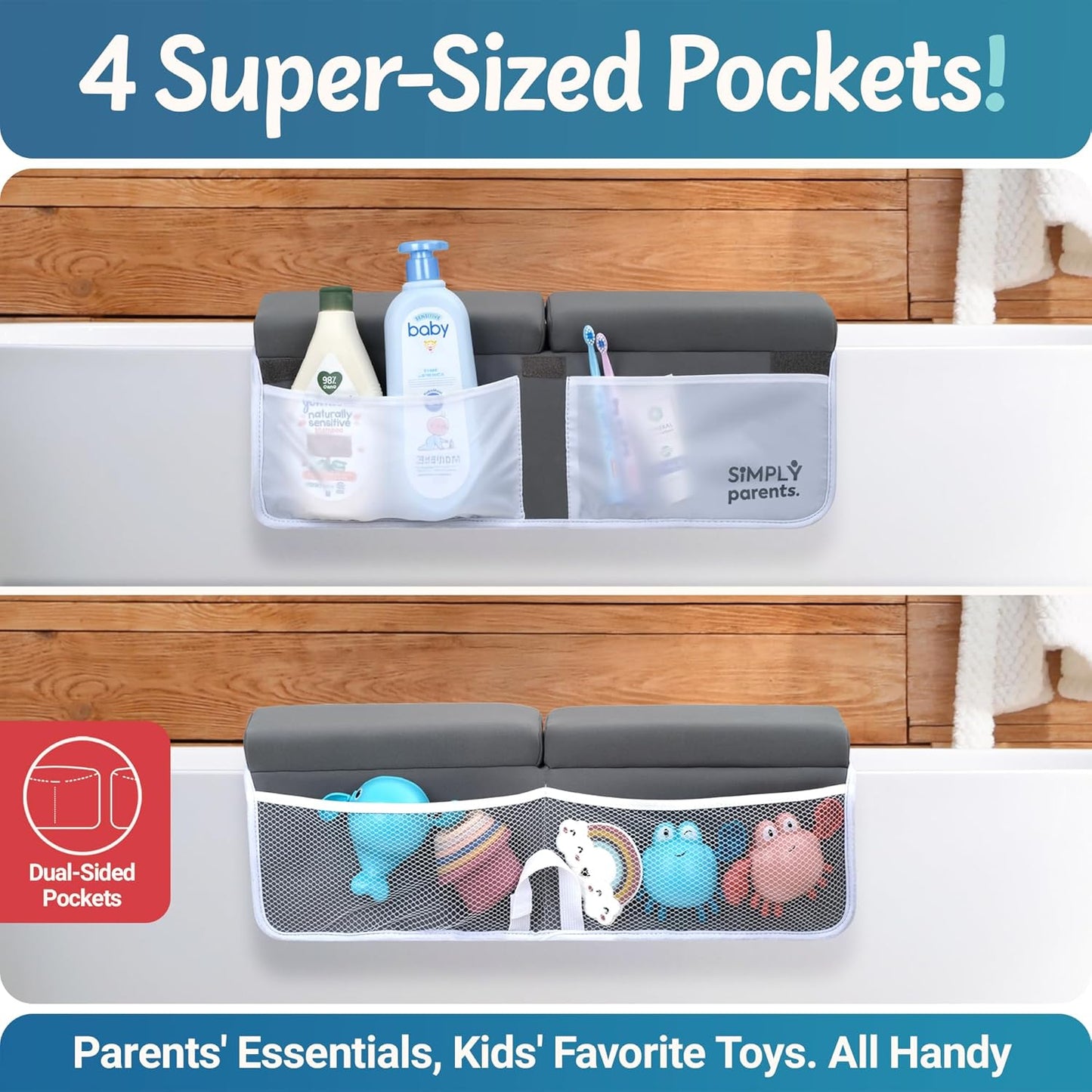 Baby Bath Kneeler and Elbow Rest Pad Set - Quick-Dry, Non-Slip Kneeling Pad for Bathing Toddler, Toy Organizer Pockets, Gift Box, Accessories for Tub, Gray