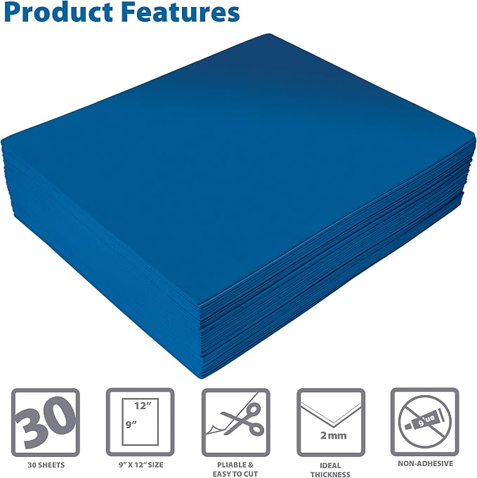Better Office Products Blue EVA Foam Sheets, 30 Pack, 2mm Thick, 9 x 12 Inch
