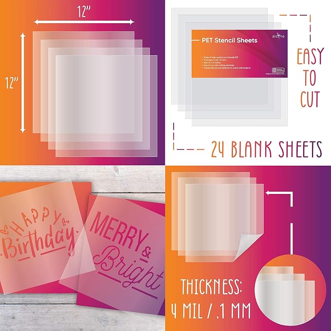 Easy Cut Stencil Sheet Set of 24-12”x12” Acetate Mylar