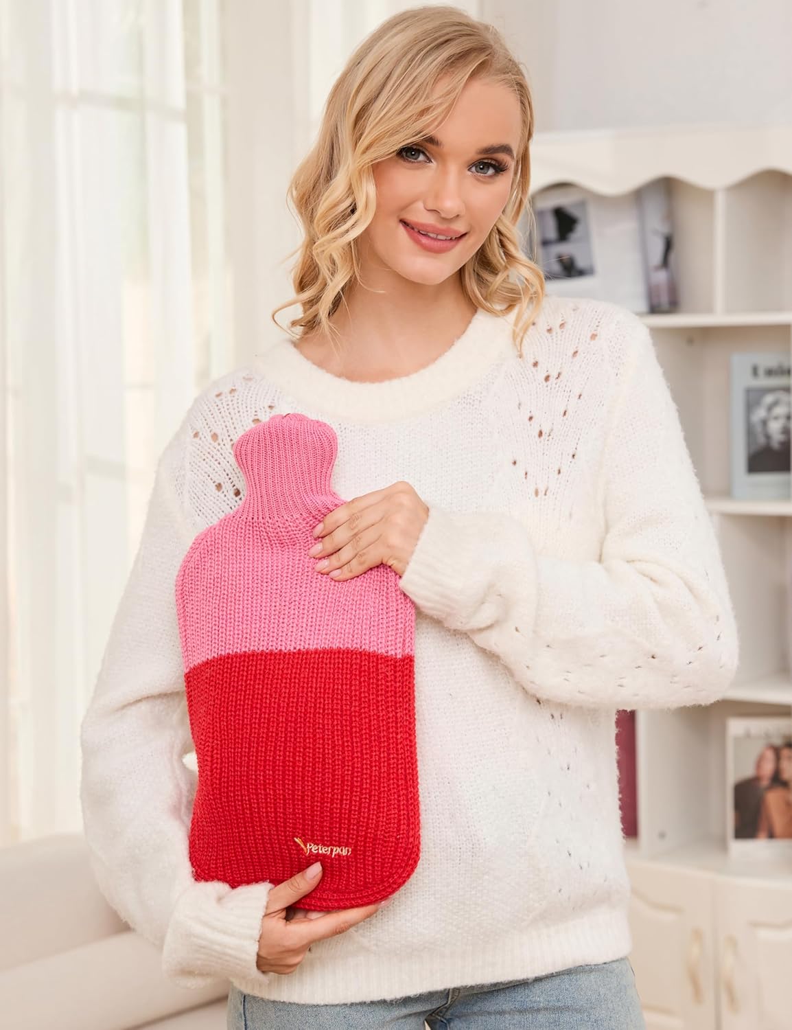 Peterpan Knit Rubber Hot Water Bottle with Wool Blend Cover, Size: XXX-Large, Hot Water Bottles for Pain Relief, BPA & PVC Free, 100 Fl Oz Capacity, Original, Wool Blend Hot Water Bottle, Pink & Red
