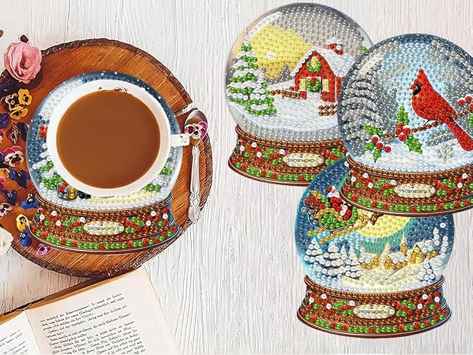 8 PCS Christmas Diamond Art Coasters Kits Snowball Diamond Painting Coaster |