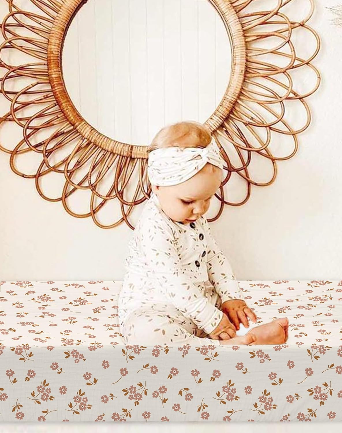 Changing Pad Cover for Baby Boy Girl 2 Pack, Muslin Changing Table Pad Covers with Boho Style, Neutral Nursery Bedding Essentials Soft and Breathable (Floral & Pink)
