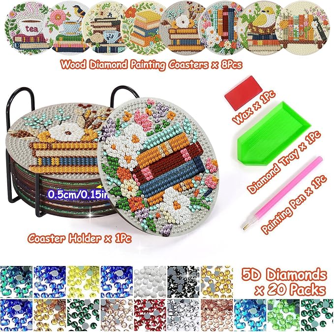 Axquilon 8 Pcs Books Diamond Art Coasters Kit