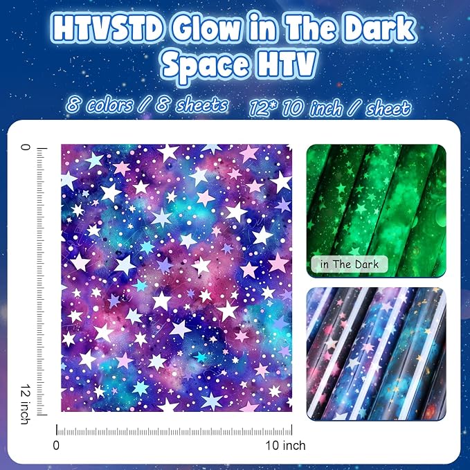 HTVSTD Dark Space HTV Heat Transfer Vinyl 8Sheets 12×10in Iron on Vinyl | Glow