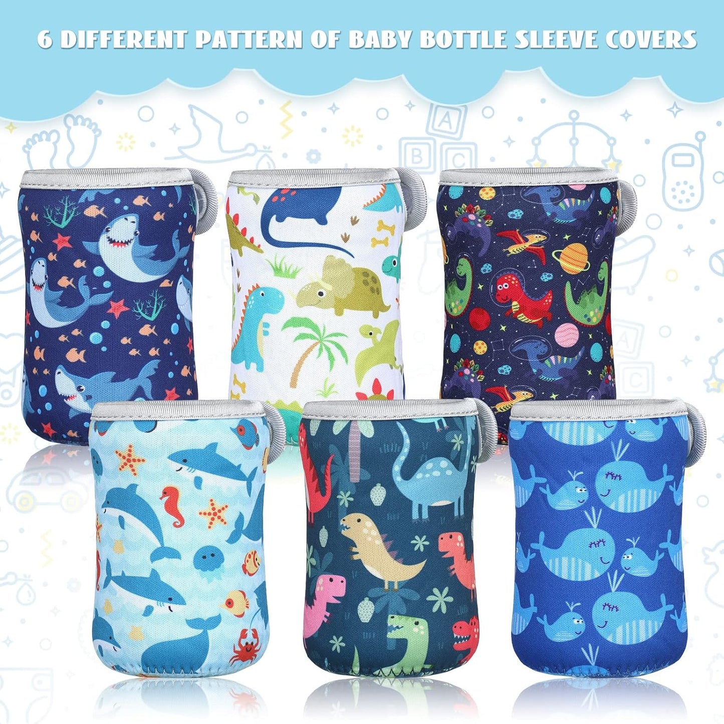 Irenare 6 Pieces 8 oz Glass Baby Bottles Sleeve Covers Bulk Neoprene Adjustable Newborn Feeding Bottles Protector Replacement Heat Cold Retention Sleeve for Nursing Infant (Shark, Whale, Dinosaur)
