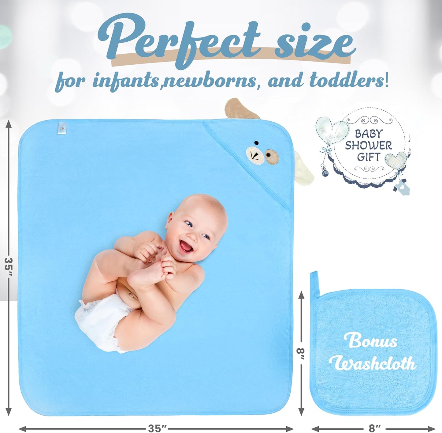 Baby Towels with Hood - Soft, Absorbent Viscose Made of Bamboo, Extra Large 35 x 35 Inches, for Newborns, Infants, Boys and Girls, Blue
