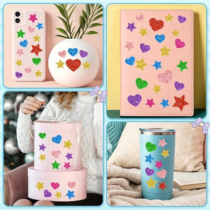 987 Pcs Glitter Foam Stickers, Heart & Star Shapes Stickers, 7 Sheets Colorful