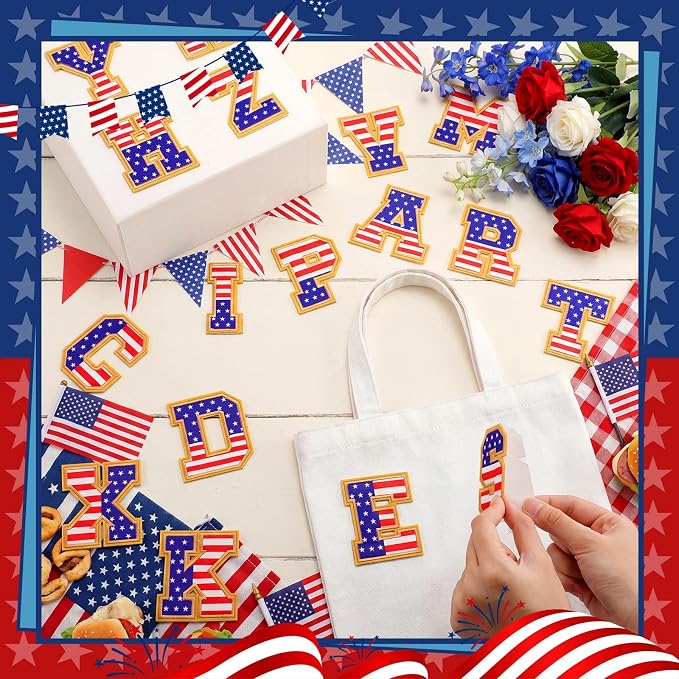 WILLBOND 52 Pcs 4th of July Alphabet Patches 250th Anniversary Self Adhesive