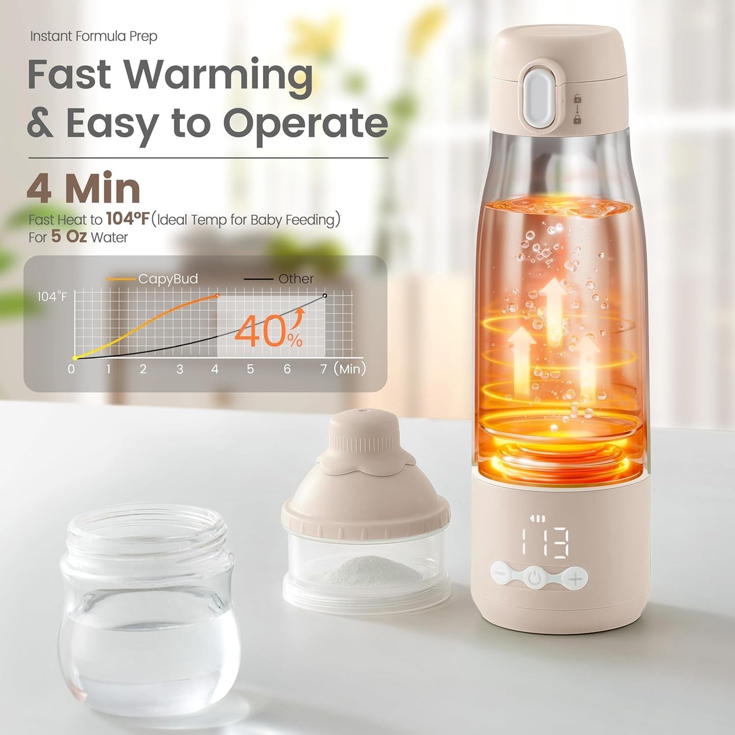 Portable Bottle Warmer for Travel, 12 Oz Milk Warmer for Breastmilk Formula Water, 3 Mins Fast Heating, Long Battery Life, 5 Levels Smart Temp Control, Ideal for Night Feeding, Travel, Car