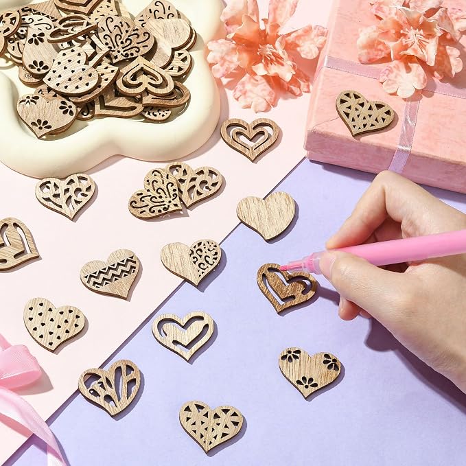 200 pcs Mixed Styles Hollow Heart Theme Unfinished Wood Cutout Charms Cute Love