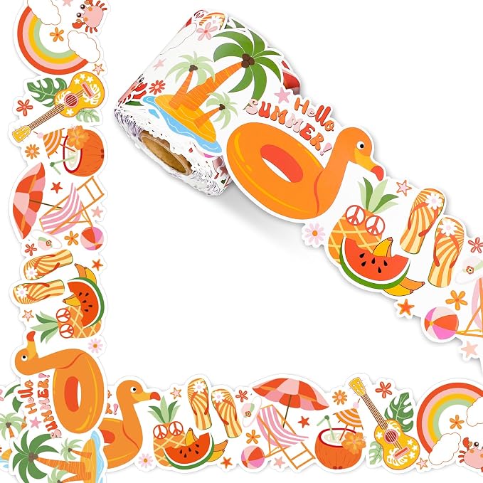 FYSUIMU 65.6 Ft Groovy Summer Bulletin Board Borders Retro Tropical Hawaiian
