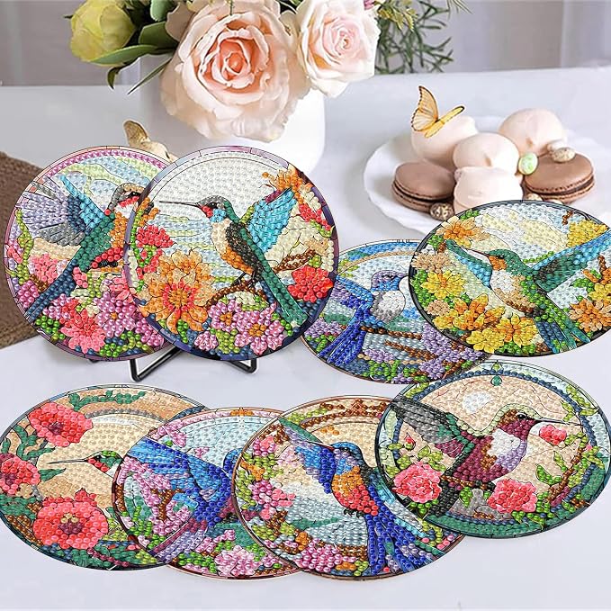 8 Pack Diamond Art Coasters, Hummingbird flowers Diamond Painting Coasters |