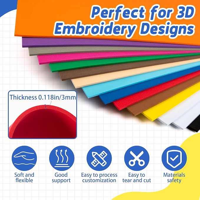 Funria 3mm Embroidery Puffy Foam 9" x 12"16Pcs EVA Foam Sheets