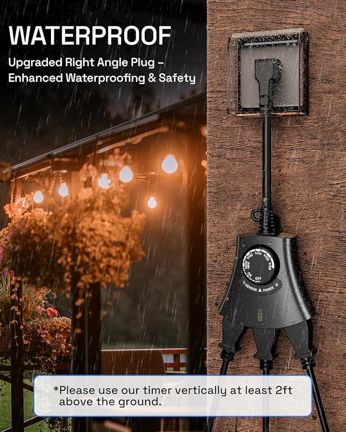 HBN Outdoor Light Timer with Remote Control, Waterproof Light Sensor Timer, 100 ft Wireless Range, 2 Grounded Outlets for Christmas Lights, 15A 1/2HP Heavy Duty