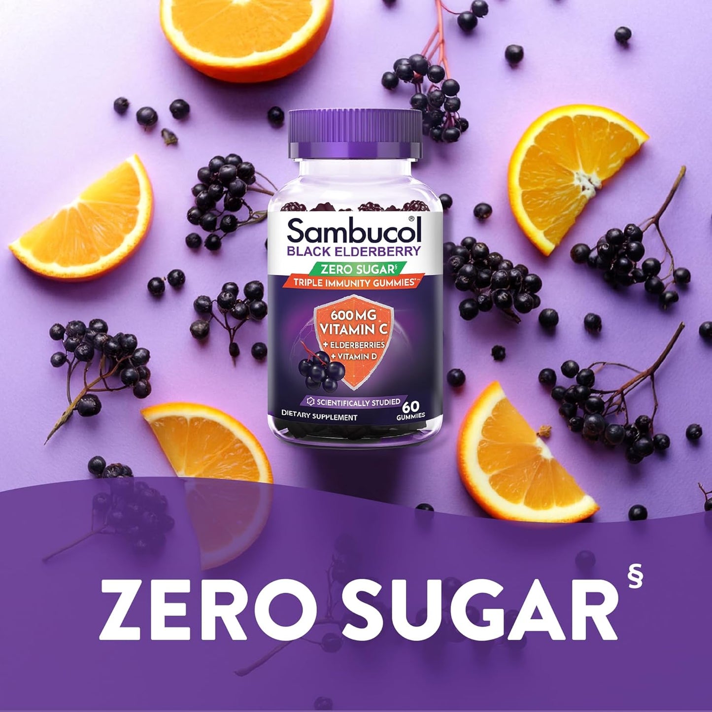 Sambucol Black Elderberry Zero Sugar Triple Immunity Gummies - Black Elderberry Vitamin C Immune Support Supplement, Gummy with Vitamin D for Adults and Kids - 60 Gummies (Pack of 1)