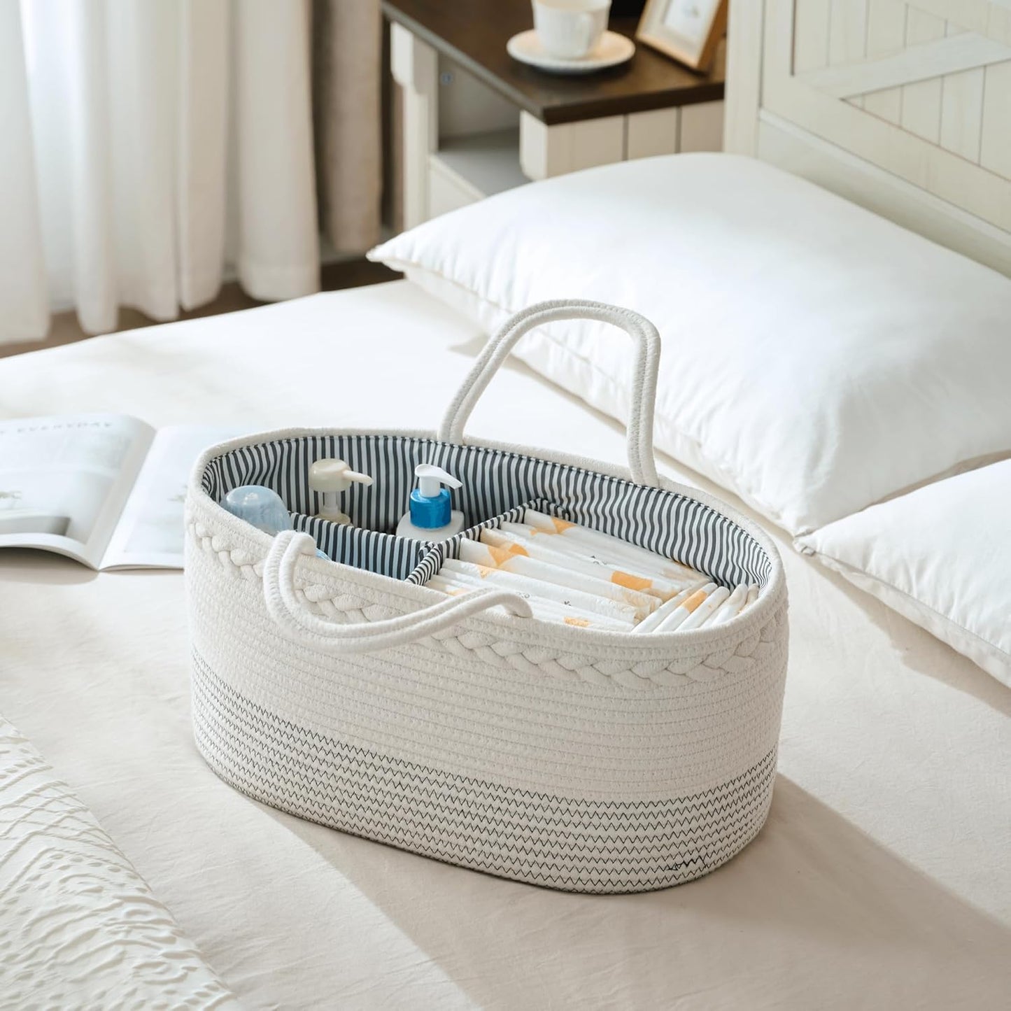 luxury little Diaper Caddy Organizer, Large Cotton Rope Nursery Baby Basket, Changing Table Organizer for Baby Diaper Storage, Portable Car Organizer with Removable Divider, Baby Shower Gifts - White