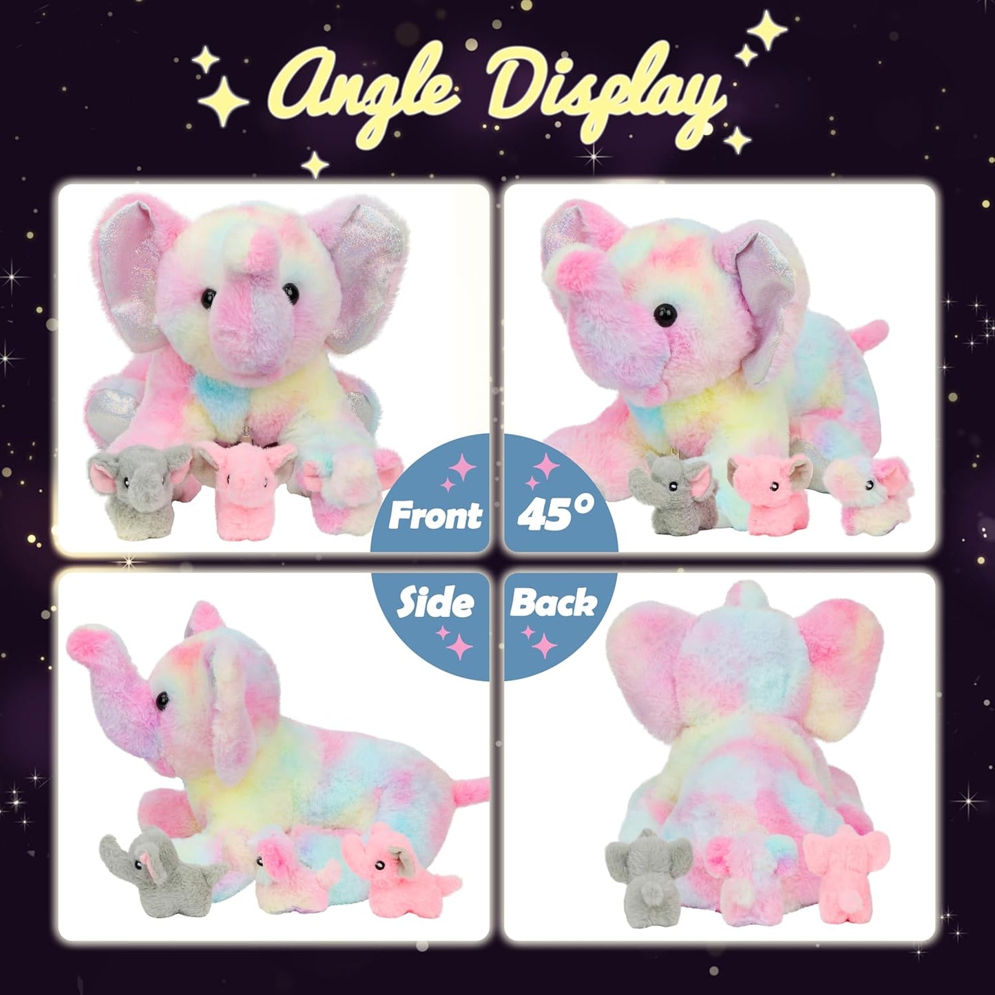Hopearl LED Plush Colorful Elephant Light up Stuffed Mommy Elephant with 3 Baby Elephish in her Tummy Floppy Stuffed Animal Playset Night Lights Glow in The Dark Birthday Gifts for Toddlers, 18''