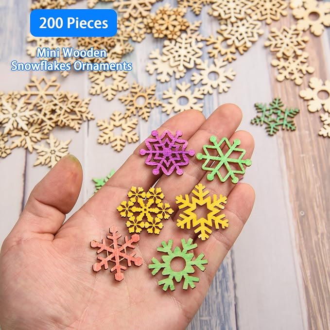 200 Pcs Unfinished Wooden Snowflake Ornament DIY Wood Snowflakes Cutouts Blank