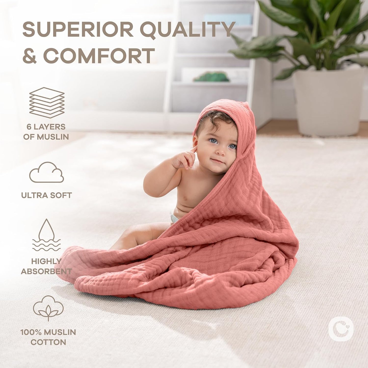Comfy Cubs Hooded Baby Towel 2-Pack, Large 32 x 32 Inch - 6 Layer 100% Muslin Cotton for Babies, Toddlers and Kids - Soft & Absorbent Baby Bath Towels - Unisex Design for Bath Time - Dusty Rose