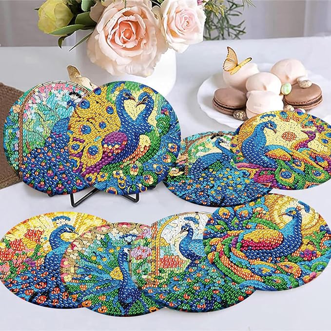 8 Pack Diamond Art Coasters, Peacock animals Diamond Painting Coasters Kits |
