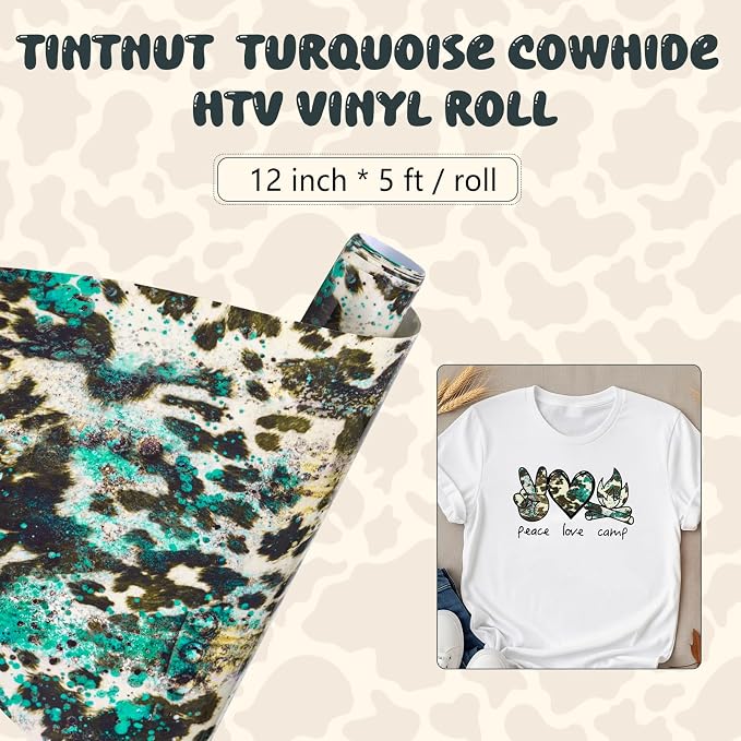 Tintnut Turquoise Cowhide Heat Transfer Vinyl Roll, easy cut & weed, stretch