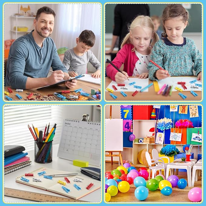 LemonRoad 60 Pcs Push Pin with Wooden Clips Teacher Cork Board Artworks