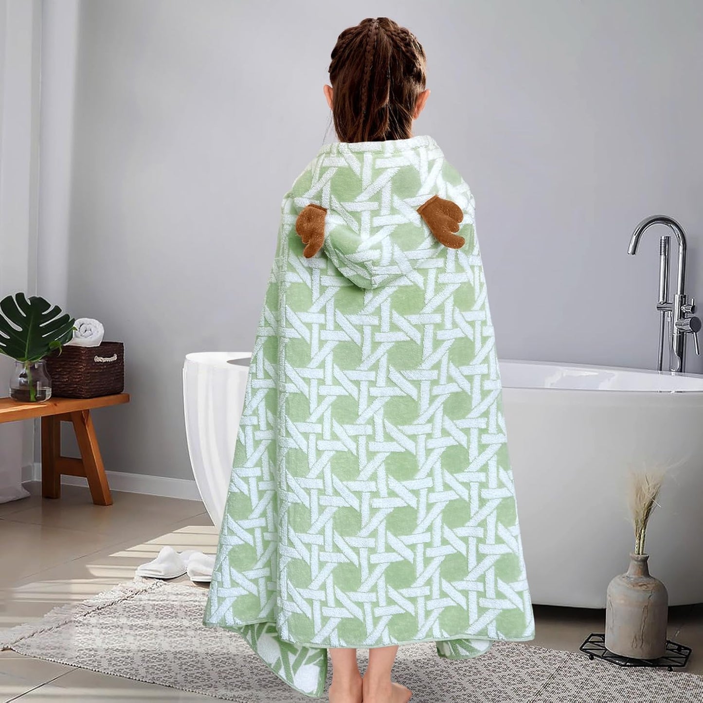 VOOVA & MOVAS Kids Bath Towel with Elk Hood (3-8Years,27.5"X54"), Absorbent Thick Cotton Towel Wrap for Pool | Swim | Bath, Jacquard Forest Elk