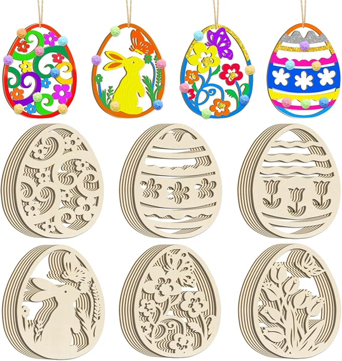 36PCS Wooden Easter Ornaments to Paint, 6 Styles DIY Blank Unfinished Wood Egg