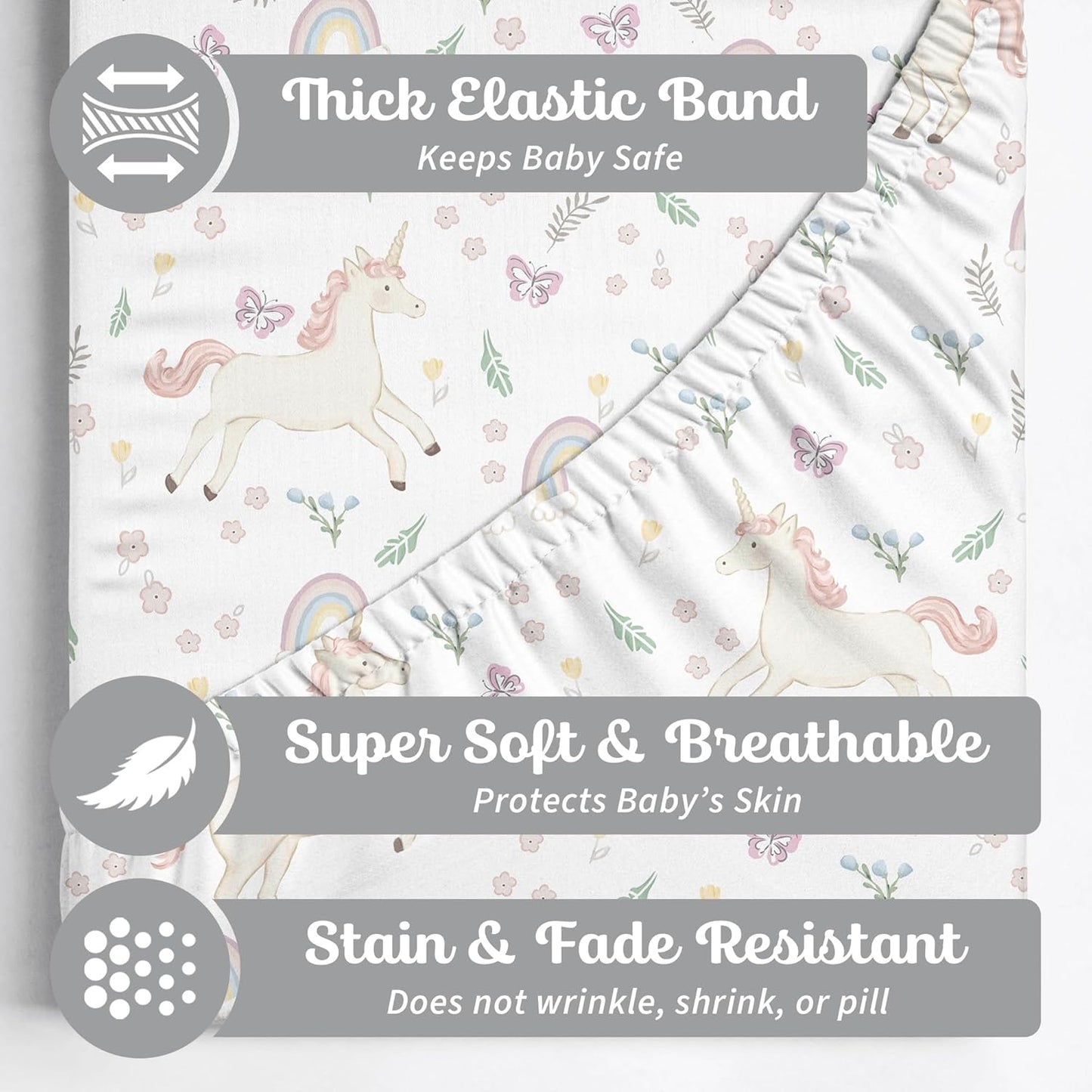 Sorrel + Fern Crib Sheets Neutral - Fitted Baby Crib Sheets Bed for Girl Boy - 2 Pack Standard & Toddler Mattress (Unicorn Blossom) - Buttery Soft Organic Cotton Blend